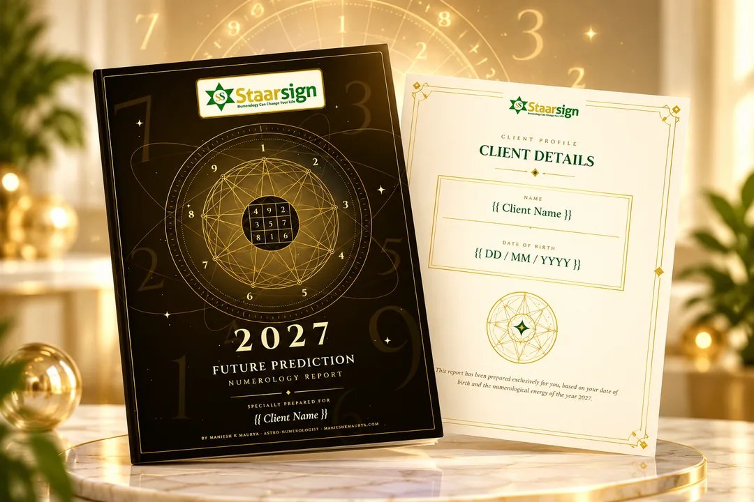 STAARSIGN 2027 Numerology Report showing the golden mandala cover and client details profile